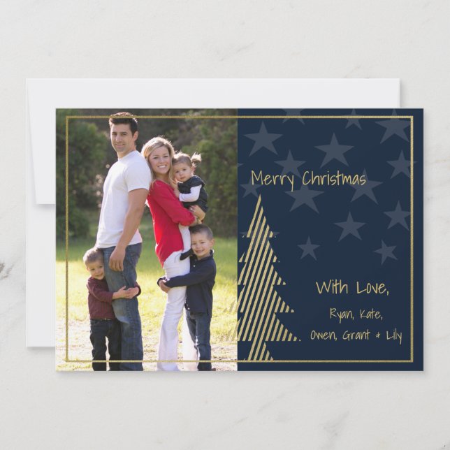 Stars and Stripes Christmas Navy Blue and Gold Holiday Card (Front)