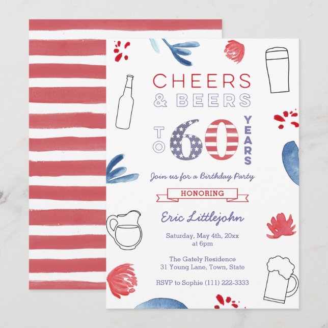 Stars and Stripes Male 60th Birthday Party Invitation (Front/Back)