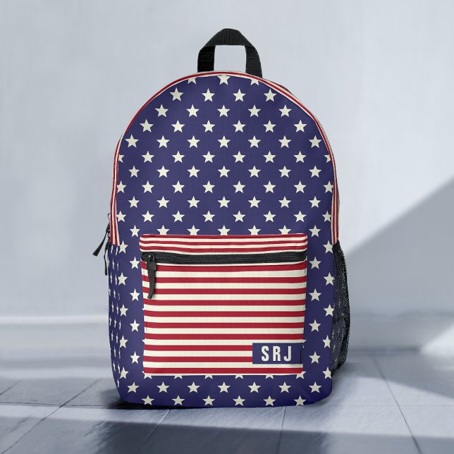 Stars and Stripes Patriotic American Flag Monogram Printed Backpack (Creator Uploaded)