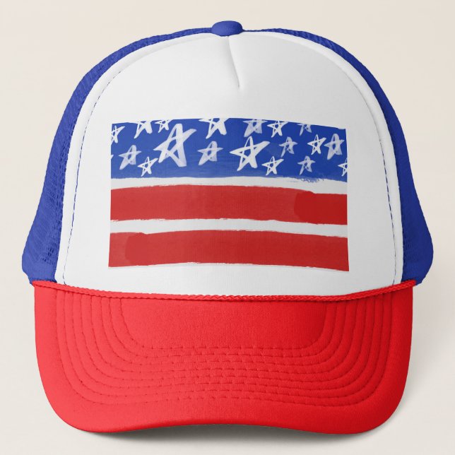 Stars and Stripes, Patriotic, July 4th Square Trucker Hat (Front)