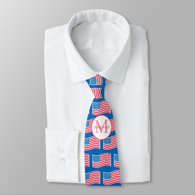 Stars and Stripes Red Monogram Tie (Tied)