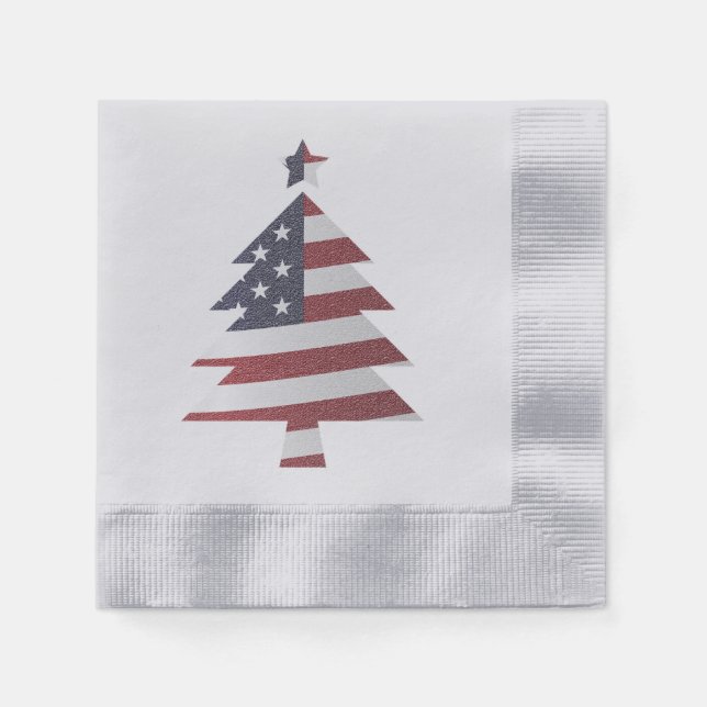 Stars and Stripes Snowy Christmas Tree Patriotic Napkin (Front)