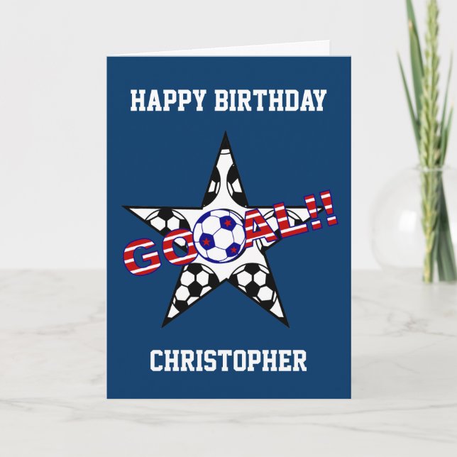Stars and Stripes Soccer Goal Happy Birthday Card (Front)
