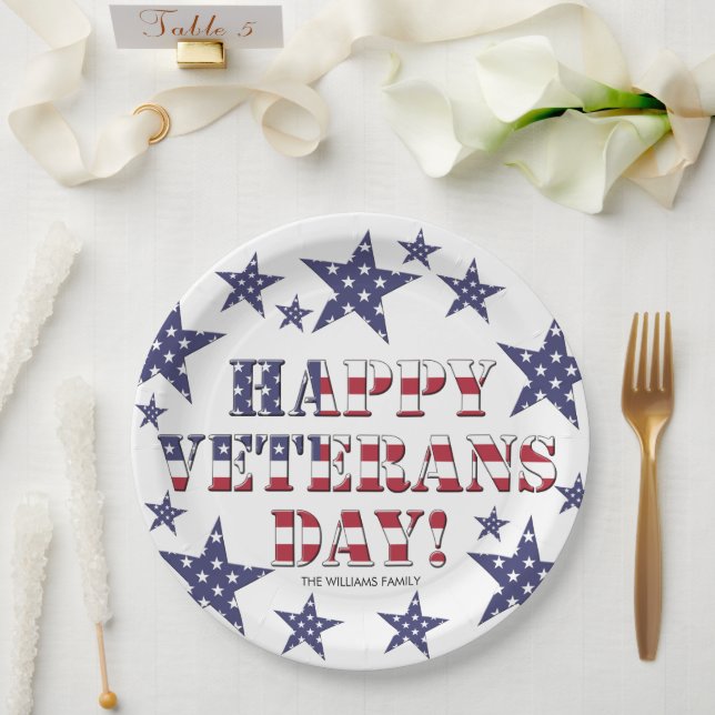 Stars and Stripes Typography Happy Veterans Day Paper Plate (Wedding)