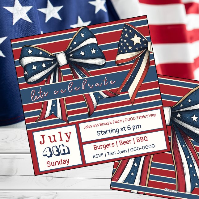 Stars and Stripes with Cute Patriotic Bows July 4 Holiday Card (Bows and stars and stripes July 4 customizable party invitation )
