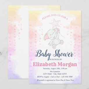 Stars, Baby Girl Elephant  Baby Shower Invitation