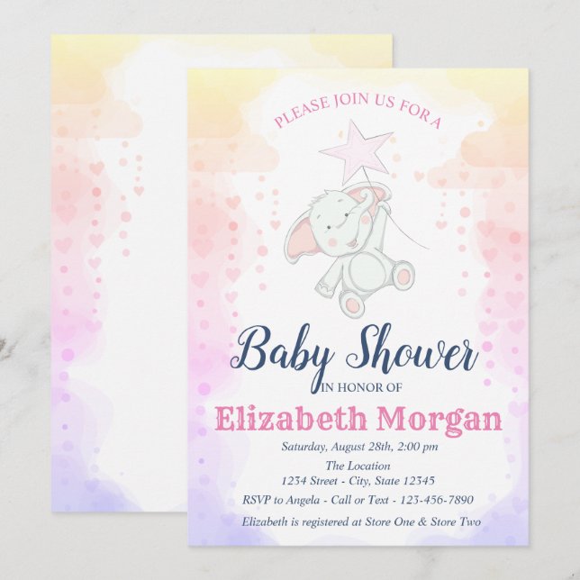 Stars, Baby Girl Elephant  Baby Shower Invitation (Front/Back)