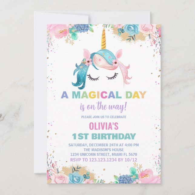 Stars Ballons Unicorn Birthday Invitations (Front)