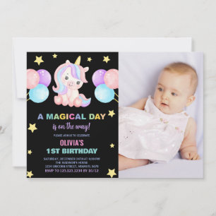 Stars Ballons Unicorn Birthday Invitations photo