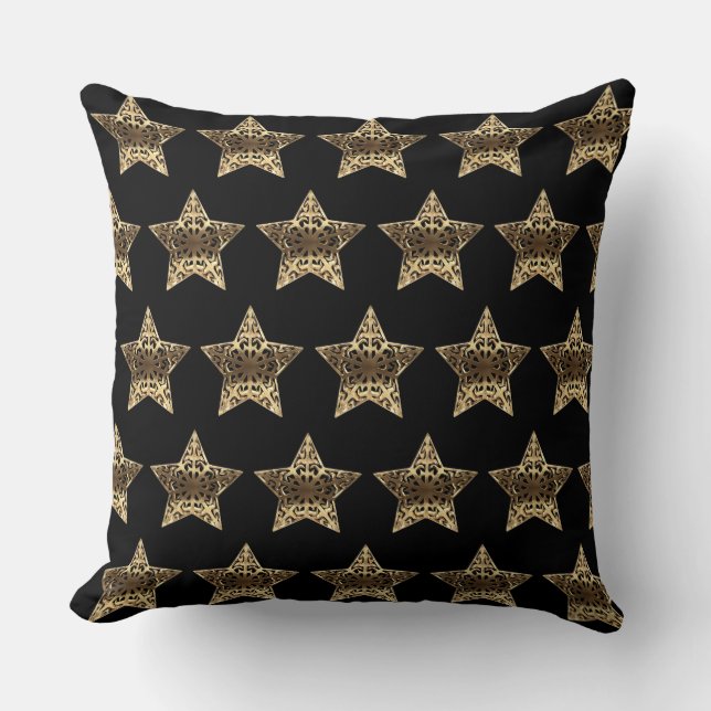 Stars Black and Gold Elegant Christmas Pattern Cushion (Front)