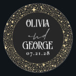 Stars Black Night Wedding Classic Round Sticker<br><div class="desc">Black and gold wedding stickers featuring a starry night sky and couple's names</div>
