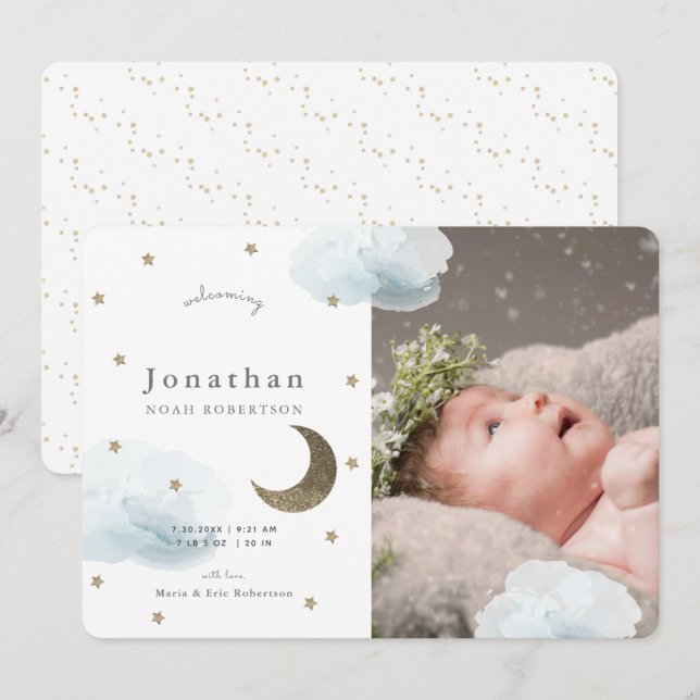 Stars & Blue Clouds Photo Boy Baby Announcement (Front/Back)