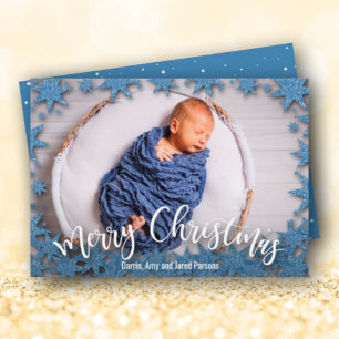 Stars Blue Faux Glitter Christmas Photo Holiday Card