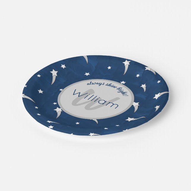Stars Blue Watercolor Monogram Baby Boy Birthday Paper Plate (Angled)
