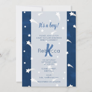 Stars Blue Watercolor Monogram Baby Shower Boy  Invitation
