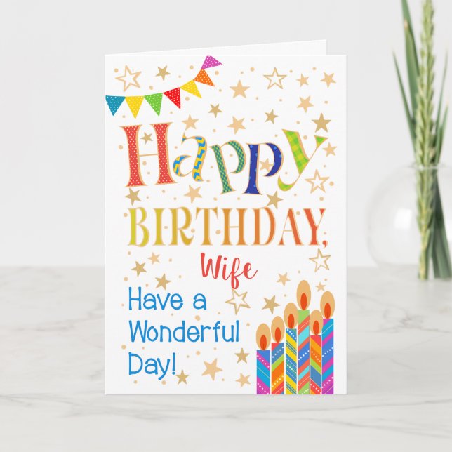 Stars, Bunting, Candles for a Wife Birthday Card (Front)