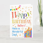 Stars, Bunting, Candles for Father Birthday Card<br><div class="desc">A colourful, text-based Birthday Card for a Father, with Polka Dot Bunting, bright, striped birthday cake candles and sprinkled with gold-effect stars. The patterned text says, 'Happy Birthday' and there is also 'Have a wonderful day!' in blue lettering (NB the gold effect stars and outlines will be as seen and...</div>