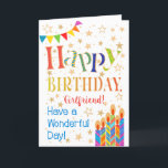 Stars, Bunting, Candles for Girlfriend Birthday Card<br><div class="desc">A colourful, text-based Birthday Card for a Girlfriend, with Polka Dot Bunting, bright, striped birthday cake candles and sprinkled with gold-effect stars. The patterned text says, 'Happy Birthday' and there is also 'Have a wonderful day!' in blue lettering (NB the gold effect stars and outlines will be as seen and...</div>