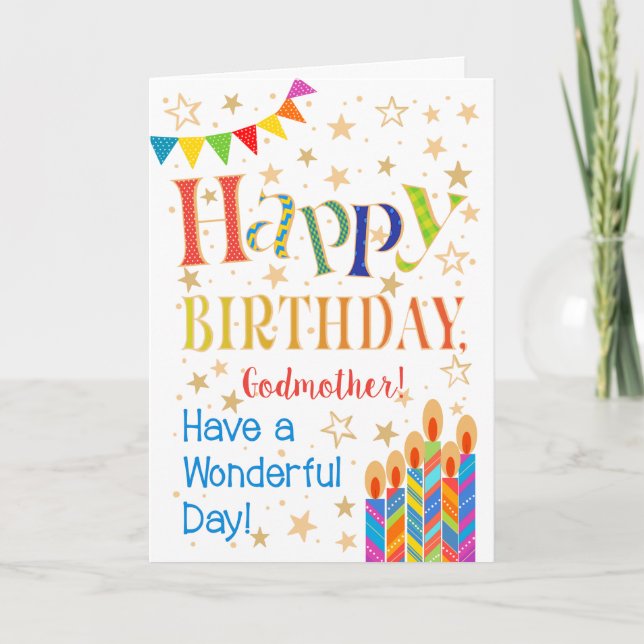 Stars, Bunting, Candles for Godmother Birthday Card (Front)