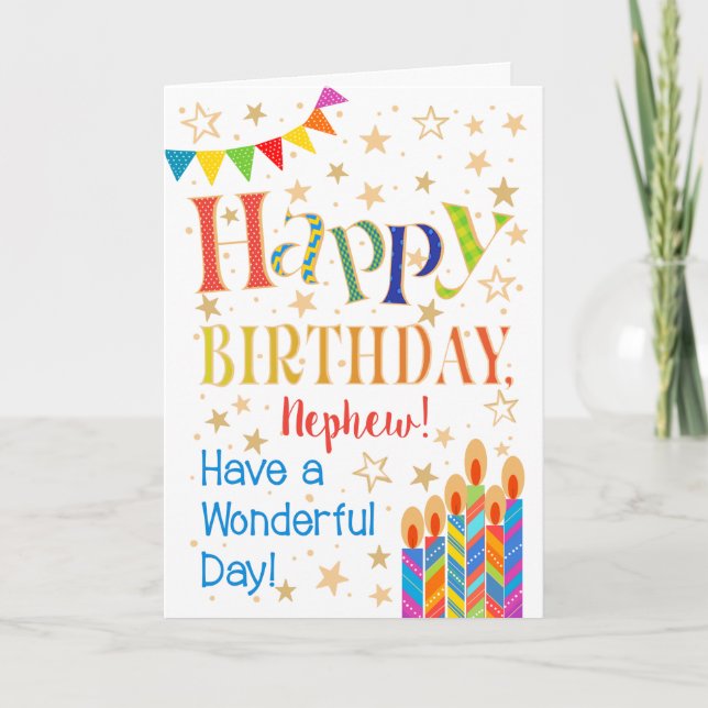 Stars, Bunting, Candles for Nephew Birthday Card (Front)