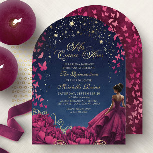 Stars Butterflies Burgundy Quinceanera Invitation