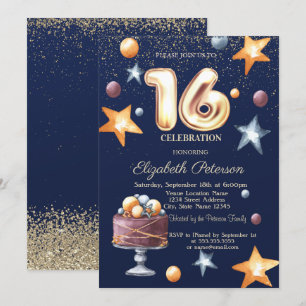 Stars Cake Confetti Diamond Sweet 16 Invitation