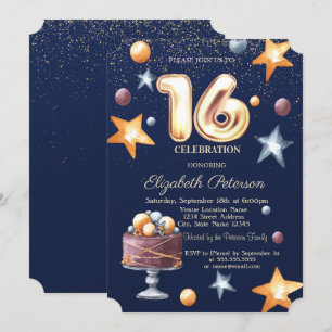 Stars Cake Confetti Sweet 16 Party Invitation
