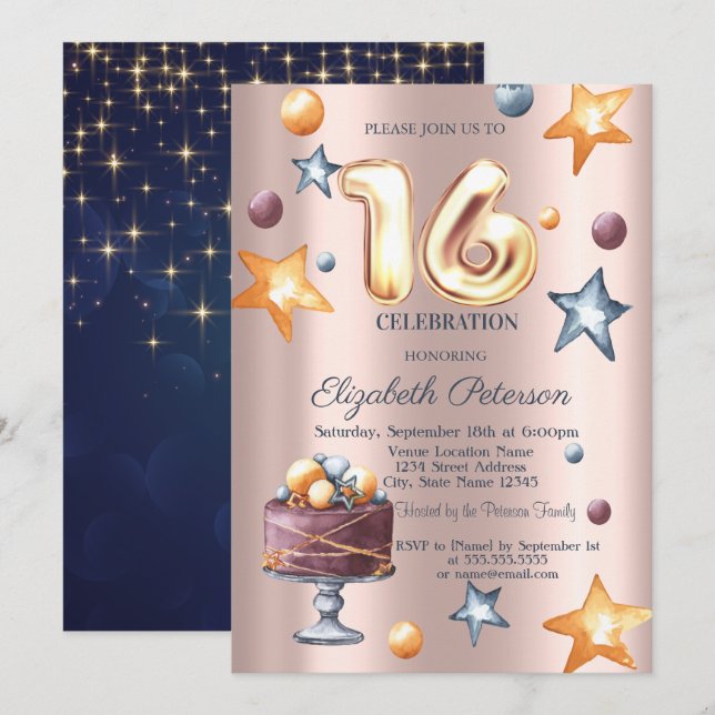 Stars Cake Navy Blue Rose Gold Sweet 16 Invitation (Front/Back)
