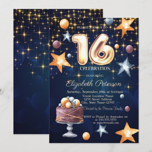 Stars Cake Navy Blue Sweet 16 Invitation (Front/Back)