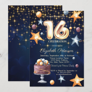 Stars Cake Navy Blue Sweet 16 Invitation