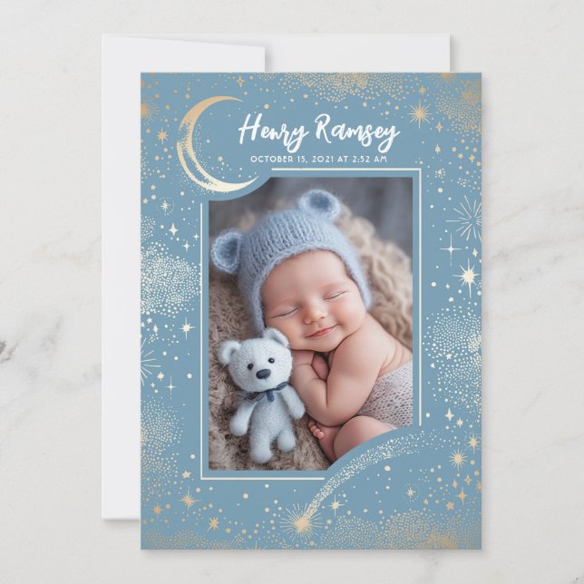 Stars Celestial Cute Blue Newborn Photos Birth Announcement (Front)