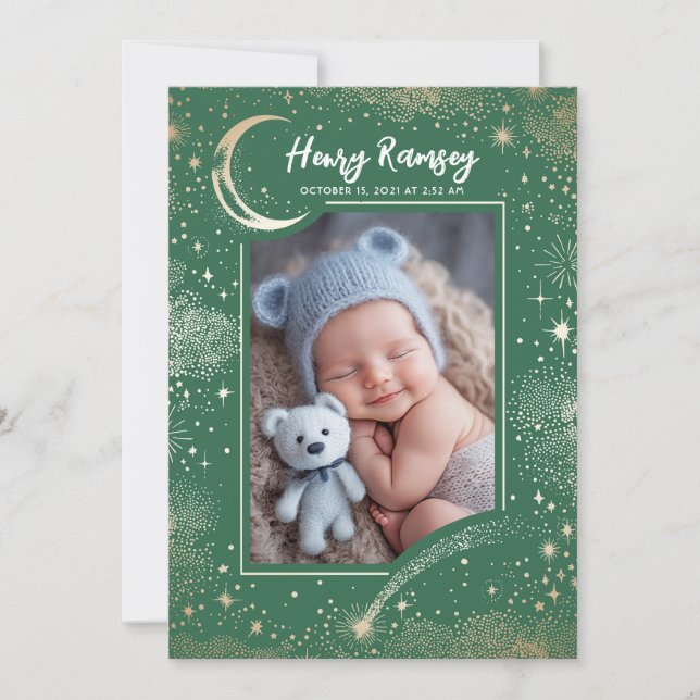 Stars Celestial Cute Green Newborn Photos Birth Announcement (Front)