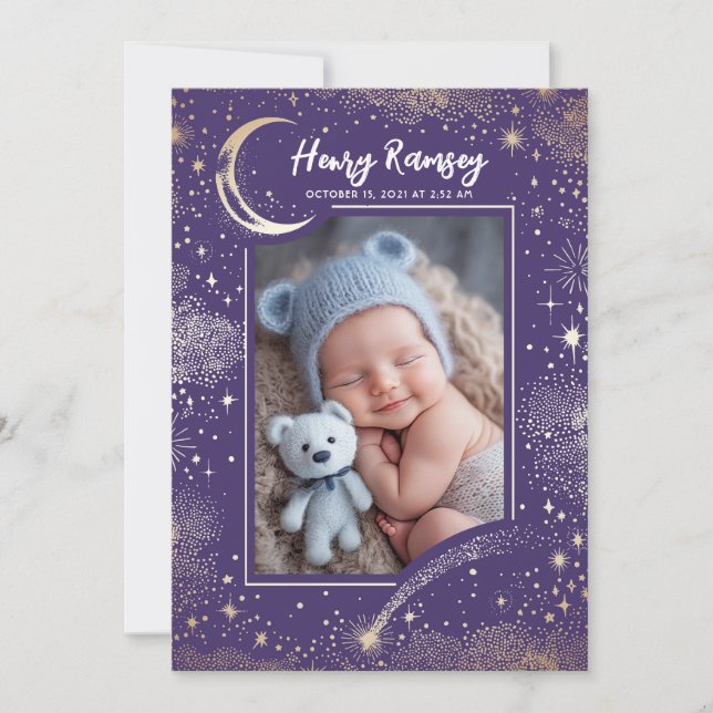 Stars Celestial Cute Purple Newborn Photos Birth Announcement (Front)
