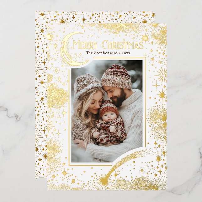 Stars Celestial Magical Merry Christmas Photo Foil Holiday Card (Front/Back)