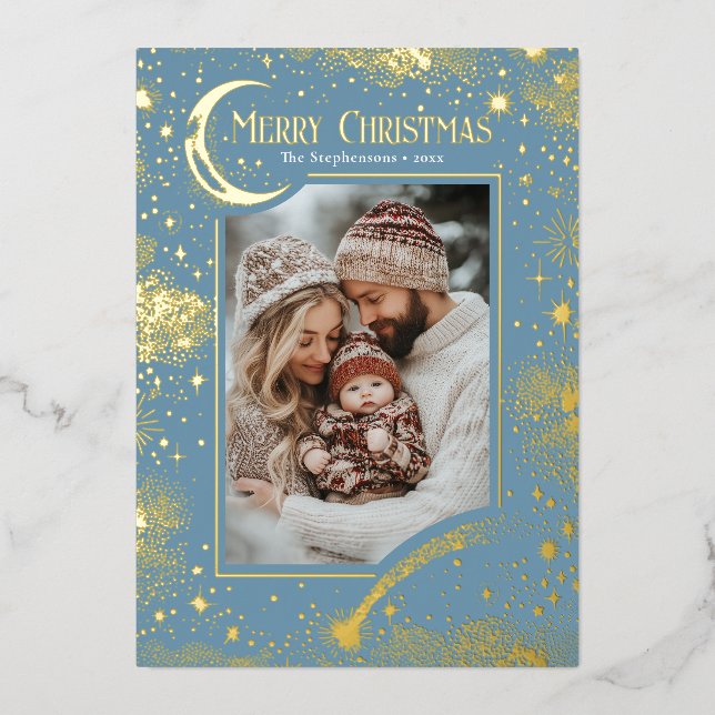Stars Celestial Magical Merry Christmas Photo Foil Holiday Card (Front)