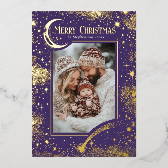 Stars Celestial Magical Merry Christmas Photo Foil Holiday Card (Front)