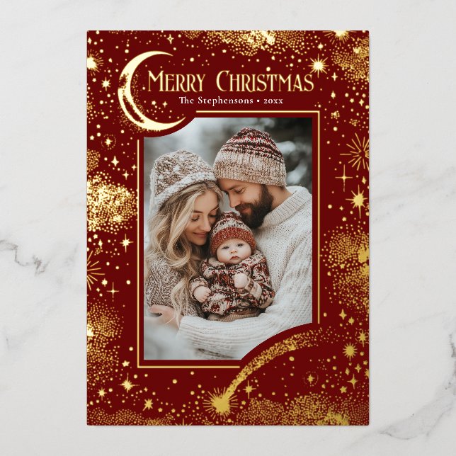 Stars Celestial Magical Merry Christmas Photo Foil Holiday Card (Front)