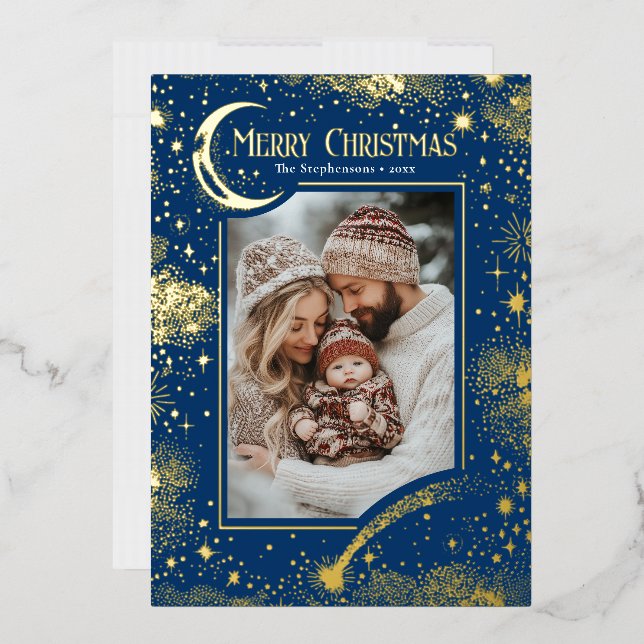 Stars Celestial Magical Merry Christmas Photo Foil Holiday Card (Envelope)