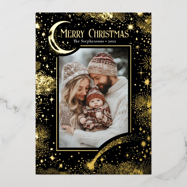 Stars Celestial Magical Merry Christmas Photo Foil Holiday Card (Front)