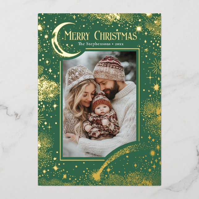 Stars Celestial Magical Merry Christmas Photo Foil Holiday Card (Front)