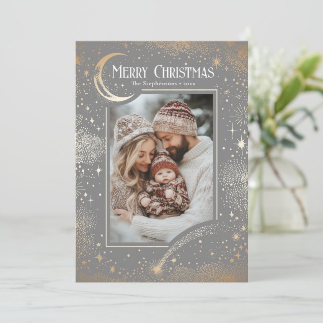 Stars Celestial Magical Merry Christmas Photo Holiday Card (Standing Front)