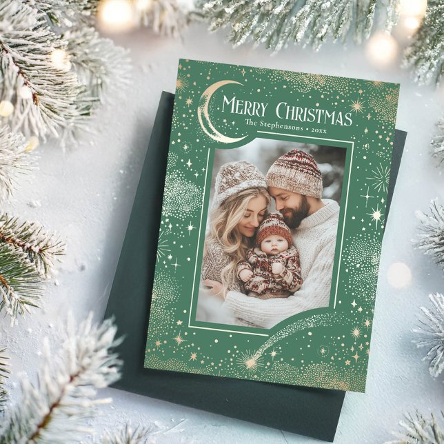 Stars Celestial Magical Merry Christmas Photo Holiday Card (Green Merry Christmas Photo Card)