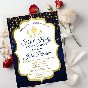 Stars,Chalice Navy Blue First Holy Communion Invitation