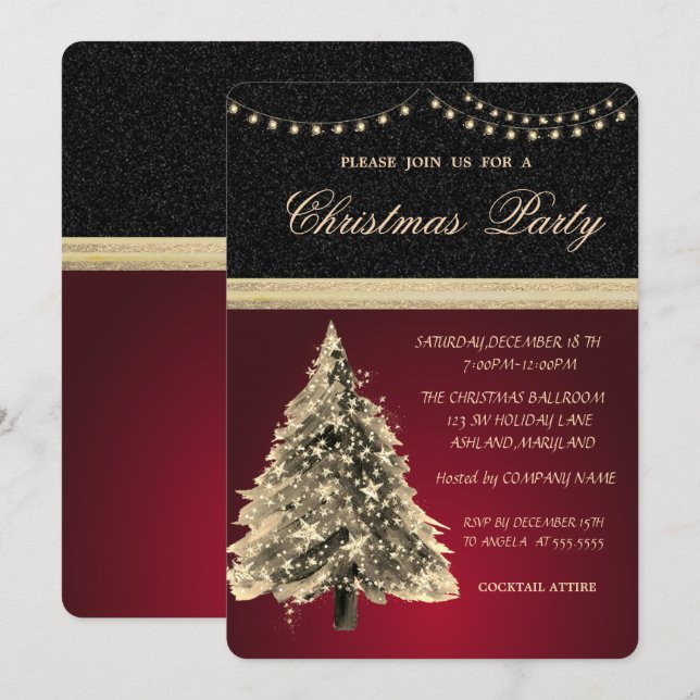 Stars Christmas Tree,Black,Red Christmas Party Invitation (Front/Back)