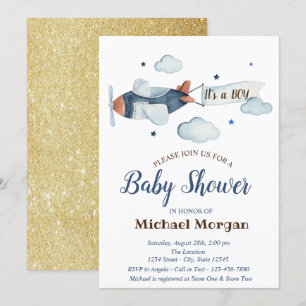 Stars,Clouds,Aeroplane Gold Glitter Baby Shower Invitation