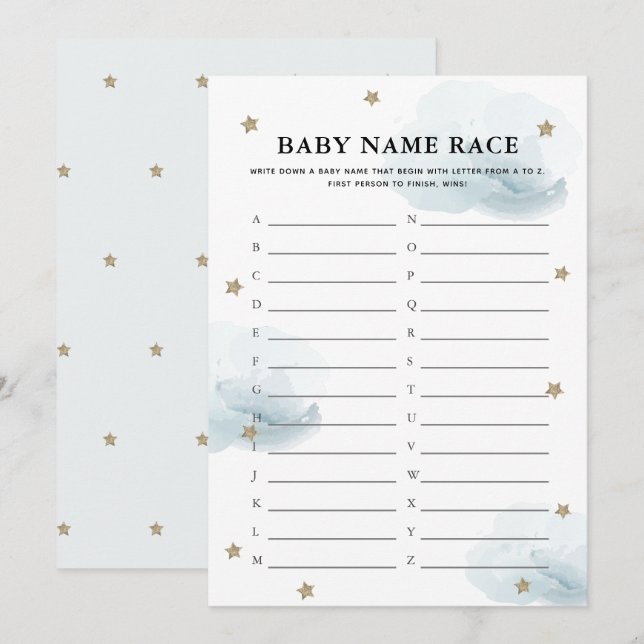 Stars & Clouds Baby Name Race Shower Game Card (Front/Back)
