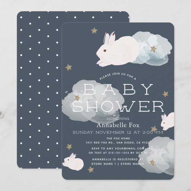 Stars & Clouds Flying Bunny Baby Shower Invitation (Front/Back)
