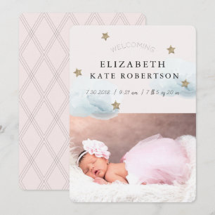 Stars & Clouds Girl Pink Birth Announcement Card