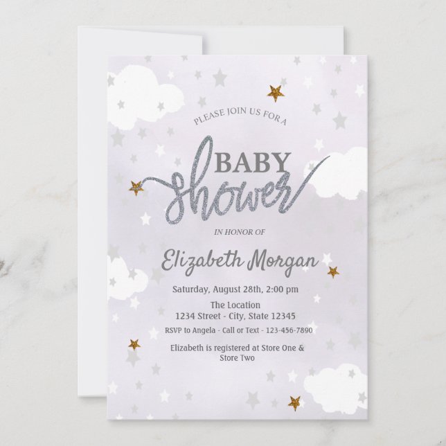 Stars & Clouds Lavender Baby Shower Invitation (Front)