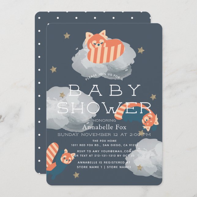 Stars & Clouds Red Pandas Baby Shower Invitation (Front/Back)